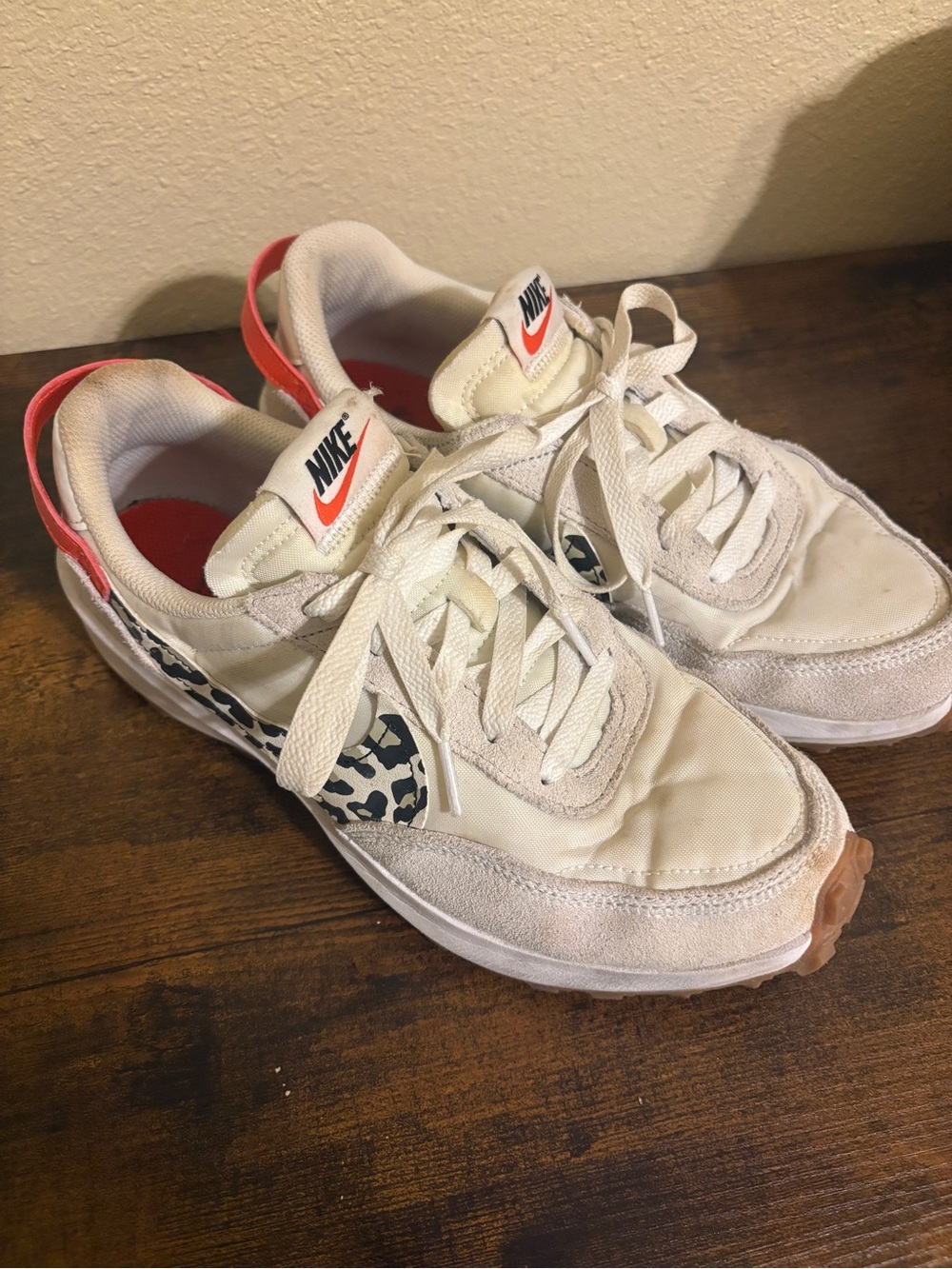 Nike Cream Sneakers with Coral Heel and Leopard Swoosh